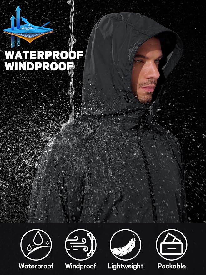 Men's Rain Jacket Windbreaker Waterproof Jacket Raincoat Cycling Running Hiking Gear Hood Lightweight Packable