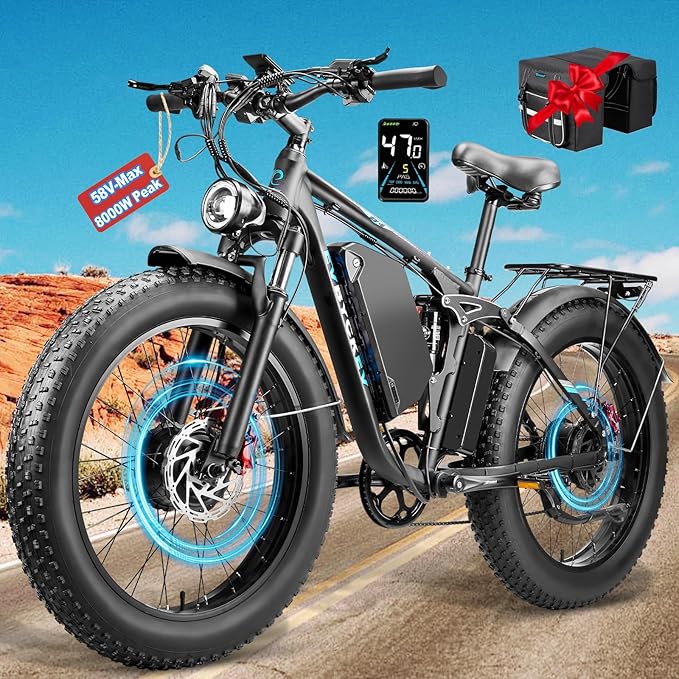8000W Peak EBike for Adults, 34Ah 58V Max-Output 1856Wh Dual Motor Electric Bike, 47MPH Fast Ebike,Up to 105Miles 24" x4.0 Fat Tire E Bike,Full-Suspension Mountain E-Bike for Sand Snow Beach