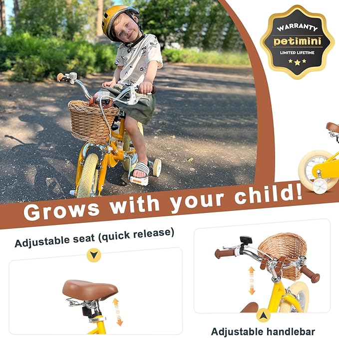 Petimini Vintage Kids Bike for Girls, 12–20 Inch Classic Bicycle with Wicker Basket & Bell, High Tensile Steel Frame, Training Wheels (12–18”), 85% Pre-Assembled, Retro Bike for Outdoor Riding