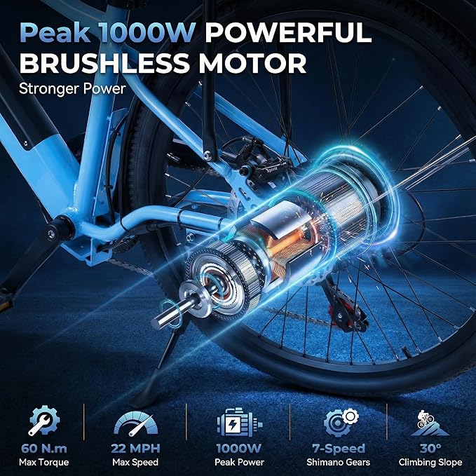 24 Inch Electric Bike for Adults, Step Through Ebike for Women, Peak 1000W Motor 22MPH, 48V 20AH Removable Battery Up to 70 Miles, 7 Speed Dual Shock Absorber, City Cruiser Commuter Bicycle