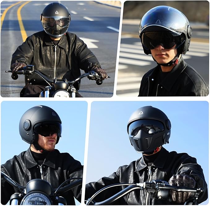 TRIANGLE Full Face Motorcycle Helmets,Off-Road Motocross Helmet for Men & Women,Dual Visor with Internal Tinted Sunshield,Open Face 3/4 Adult Racing Helmet DOT Approved(Black,XXL)