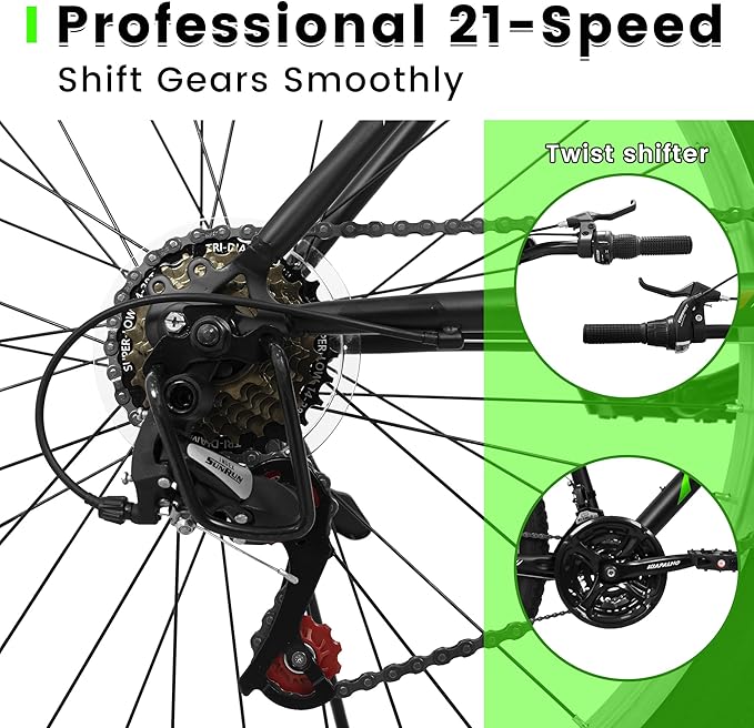 24 Inch Wheel Mountain Bike, 21 Speed Mountain Bicycle with Dual V Brake, High-Carbon Steel Frame, Trail Commuter City Bike for Teenagers Adult Men Women