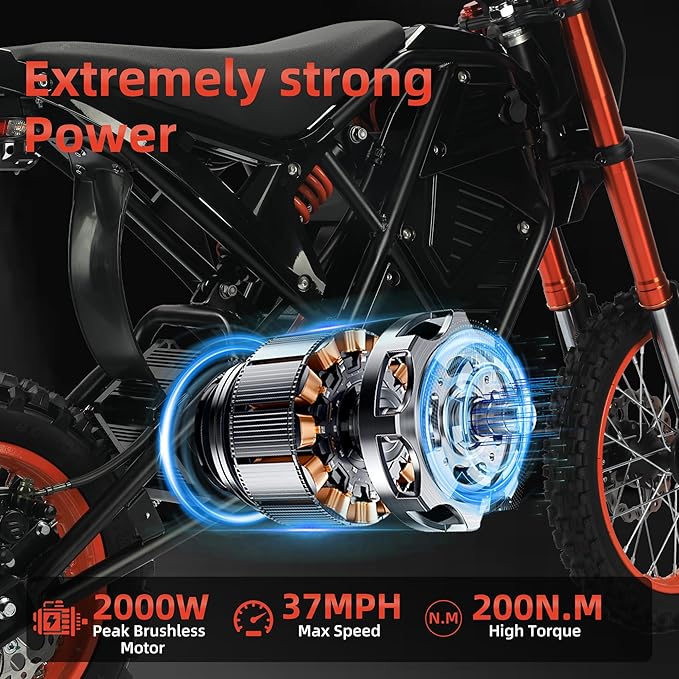 2000W Electric Dirt Bike for Teens & Adults - 37MPH Off-Road EBike, 48V 23AH Removable Battery E Bikes, 14"/12" Fat Tires Bicycle, Hydraulic Brakes Mountain Trail Motorcycle for Ages 13+