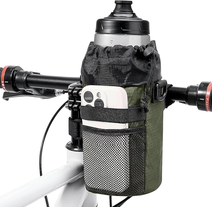WOTOW Bike Water Bottle Holder- Insulated Bicycle Cup Holder with Shoulder Strap, Bike Drink Holder with Phone Storage for Adult Kids, Handlebar Cycling Water Bottle Cage for Mountain Touring (Large)