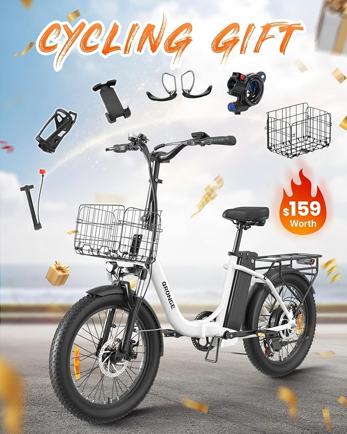 Electric Bike, 1000W Peak Folding Electric Bike, 486Wh 70 Miles Range Ebike, Waterproof Removable Battery, 7 Speed, 25 MPH Max, 20" Step-Thru Bicycle with Front Basket
