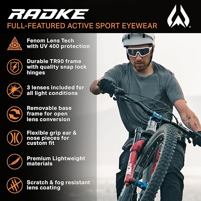 Wildhorn Radke MTB Cycling Glasses, UV400 Sports Ski Running Sunglasses for Women & Men, Baseball Glasses w/3 Swap Lenses