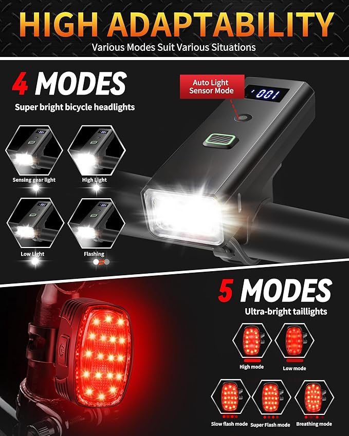 DARKBEAM Bike Lights for Night Riding, USB-C Rechargeable Bicycle Lights Set, Super Bright Bike Headlight and Back Taillight 4+5 Modes, Easy to Install for Men Women Kids Road Mountain Cycling