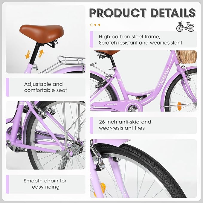 Outroad Beach Cruiser Bike, 24/26 inch Commuter Bicycle for Adult and Women,High-Carbon Steel Comfortable City Bikes with Rear Rack and Basket, (Black/Pink/White/Green/Purple)