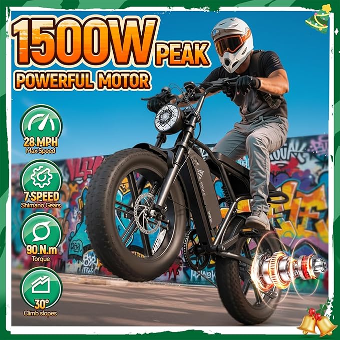 TST Electric Bike for Adults, 1500W Peak Motor Ebike with 48V 15Ah Built-in Battery, 60 Miles Range 28 MPH Electric Bike, 20" Fat Tire E Bike with 7 Speed