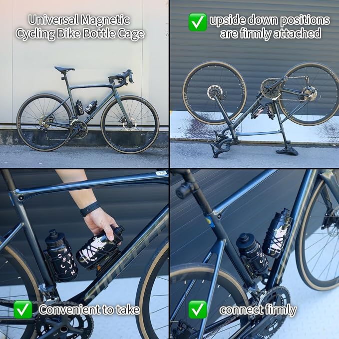 Rcool Universal Magnetic Cycling Bike Bottle Cage, Sturdy Bike Cup Holder Rack, Bicycle Drink Cage, Secure No-Fall Buckle,with Straps and Screw Tool, Black,for 2.25-3.94" Bottles