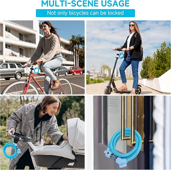 Bike Lock, 3.9 Feet 4-Digit Resettable Combination Password Anti-Theft Cable Lock, Cute Coiled Bike Lock with Mounting Bracket, Suitable for Bicycles, Electric Scooters, Ebikes (Blue-10mm)