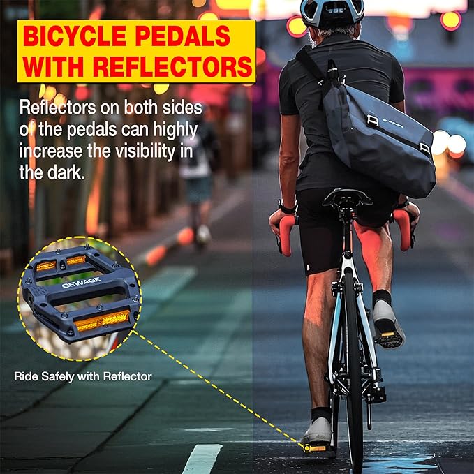 Mountain Bike Pedals 9/16 Inch - Bicycle Flat Pedals with Reflectors - Lightweight Nylon Fiber Wide Platform Pedals for Mountain Bike, BMX, Road Bike Pedals