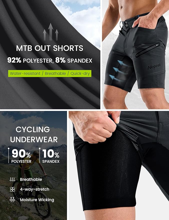 Nepest Mens Mountain Bike Shorts 3D Padded MTB Bicycle Riding Cycling Short Padding Liner Baggy Quick Dry,Zip Pockets