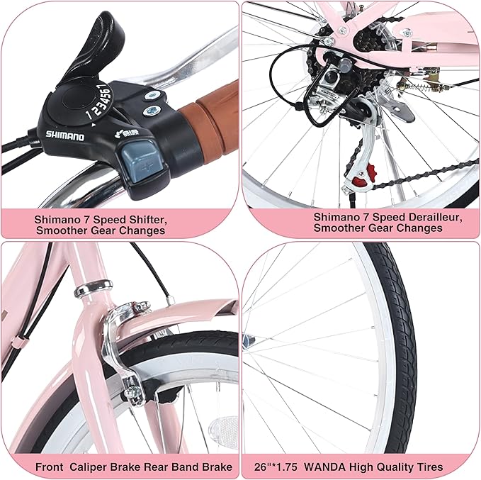 22/26 Inch Women's Bike Beach Cruiser Bike for Women/Girls，City Hybrid Bike 7 Speeds Adult Bicycle Commuter Bike for Women Men,4 Colors