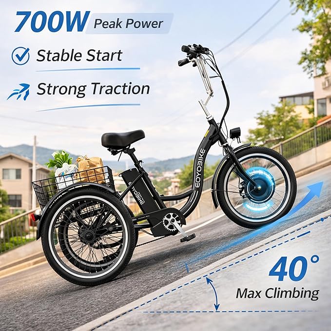 MOONCOOL MONCOOL Adult Electric Tricycle, 350W Front Drive Motor (Peak 700W), 15.5MPH E-Trike with Removable 36V 14.5Ah Battery, 60 Miles Range, 24/26 Inch 7-Speed 3 Wheel Electric Bike, Large Basket