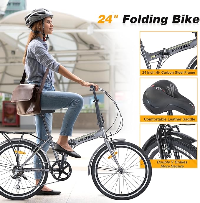 24" Folding Bikes for Adults 7 Speed City Commuting Folding Bicycle with Steel Frame/Front and Rear are V Brakes Compact Folding Bike for Adults Men and Wome No Assembly Required
