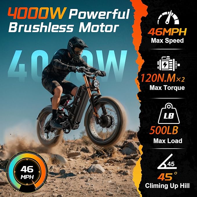 eAhora 2026 Romeo Pro3/2 50/46Mph Ebike 5600/4000W Dual Motor 200+Miles Electric Bike for Adults, 52V/70Ah 60V/80Ah Long Range 26 * 4.0" Fat Tire Full Suspension Electric Mountain Bike