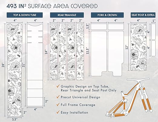 Precut Bike Frame Protection Tape- High Impact Clear Vinyl Wrap Includes 4 Sheets (8.5”x14.5) eBike, MTB Frame Protection, Protects from Scratches and Dings (Poppy Flower)