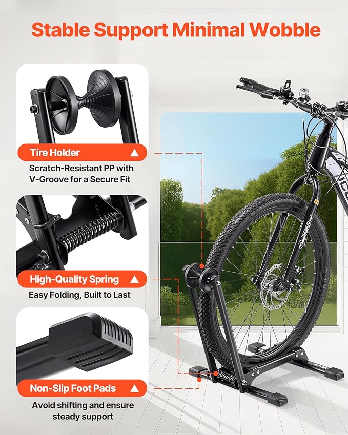 VEVOR Bike Racks 2 Pack, Fits 20 to 27 Inch Mountain & Road Bikes, Alloy Steel Rust-Resistant Bike Floor Stand Rack, Foldable Bicycle Stand for Entryway, Garage, Home Bikes Parking & Storage, Black