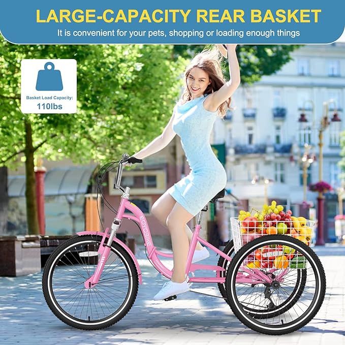 NAIZEA Folding Adult Tricycle - 7 Speed 20/24/26 Inch Folding Tricycle for Adult, 3 Wheel Bike, Foldable Trike with Large Basket/Low-Step Through for Men Women Senior