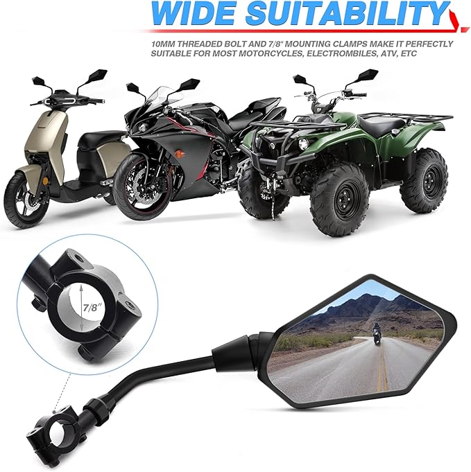 MICTUNING Universal Hawk-eye Motorcycle Convex Rear View Mirror - with 10mm Bolt, Handle Bar Mount Clamp Compatible with Cruiser, Suzuki, Honda, Victory and More