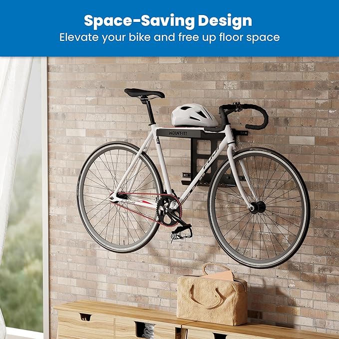 Mount-It! Bike Wall Mount Rack with Shelf and Hooks, Horizontal Indoor Bike Rack Garage Home, Space Saving Wall Mounted Hanger for a single Road, Mountain or other Bicycle with Extra Storage, Black