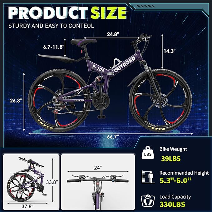 26 Inch Folding Mountain Bike, 21 Speed Full Suspension Bicycle Dual Disc Brake Non-Slip Quick Release tire for Adults Men Women(Balck/Pink/Green/Orange/White/Purple)