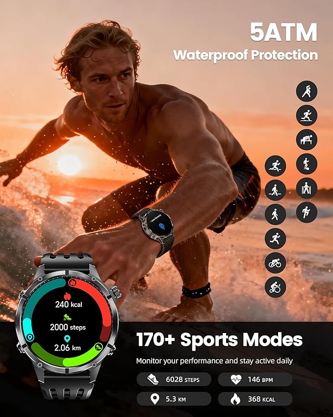 WalkerFit GPS Smart Watch for Men, Multi-Satellite Positioning, Full Metal Body, 520mAh Long Battery Life, 5ATM Waterproof with Bluetooth Call, 1.43" AMOLED Screen, for iPhone/Android, Black