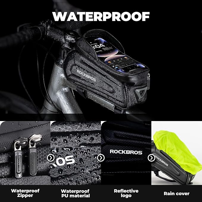 ROCKBROS Bike Phone Mount Frame Bag, Oversized EVA Waterproof Bike Phone Holder Bicycle Top Tube Front Frame Bag Bikes Accessories Gifts Pouch for Phones Under 7.5” (Black-1.7L)