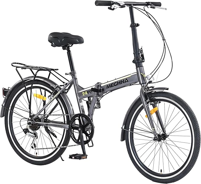 24 Inch Folding City Bike, 7 Speed Shimano Rear Derailleur, Front/Rear V Brakes, 24x1.5 Anti-Slip Tires (Available in Grey, Black & White) – Portable for Commuting, Park Rides & Storage