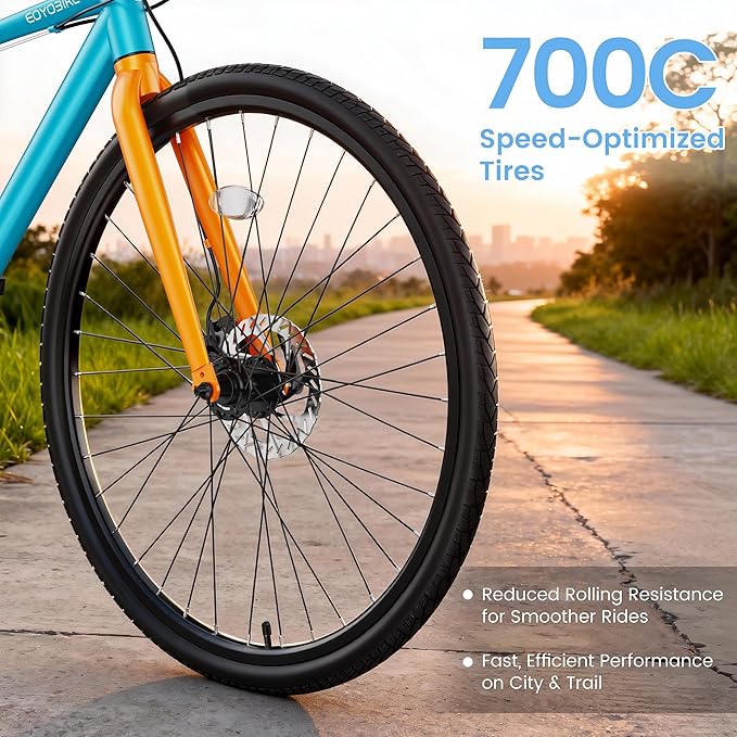 700C Hybrid Bike for Adults, Lightweight Aluminum City Commuter Bicycle, 8-Speed Urban Fitness Bike for Men & Women, Dual Disc Brakes, Upright Handlebar, LED Headlight & Reflectors