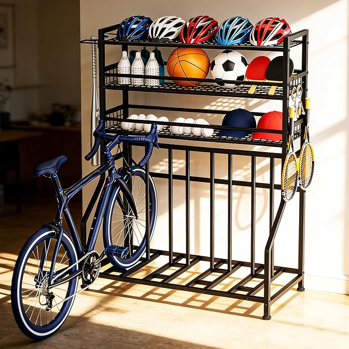 YOHKOH Bike Rack Garage, 4 Bike Stand with 3-Tier Storage Shelves & Side Holder, Heavy-Duty Bicycle Storage Rack for Garage Organizer, Adjustable Slots, 47.2" W x 22" D x 63" H