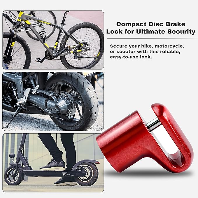 Disc Brake Lock for Motorcycle Accessories Heavy Duty Bike Bicycle Anti Theft Lock Compact Electric Scooter Ebike Powersports Wheel Hover Disc Locks (Red)