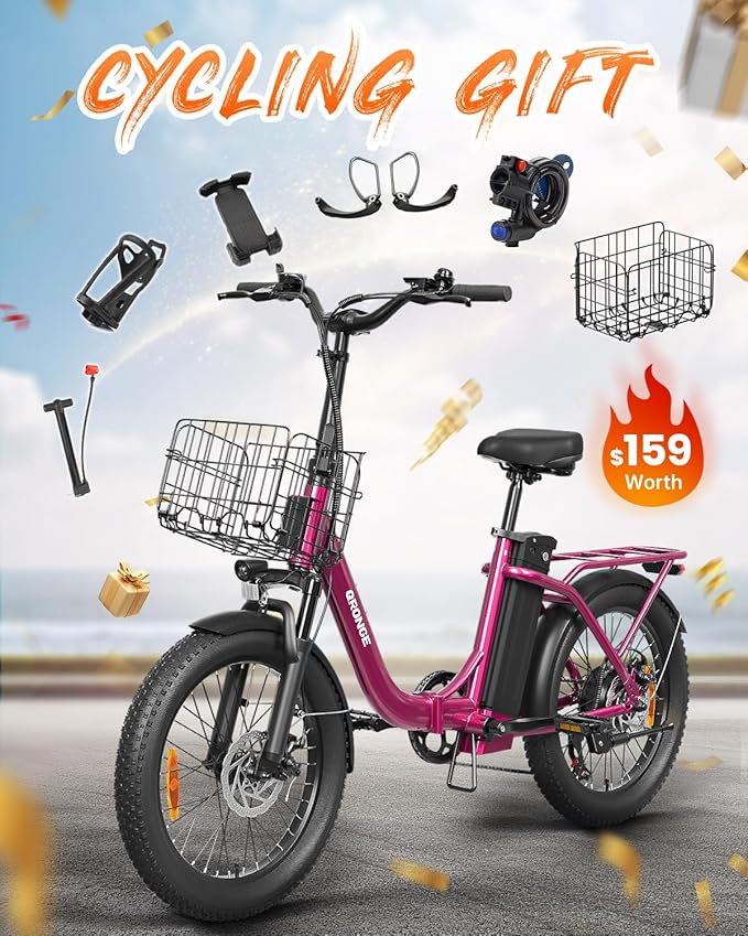 Electric Bike, 1000W Peak Folding Electric Bike, 486Wh 70 Miles Range Ebike, 20" Step-Thru Bicycle with Front Basket, Waterproof Removable Battery, 7 Speed, 25 MPH Max