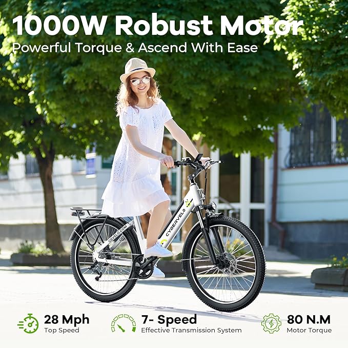 1000 Peak Electric Bike for Adults,up 80 Miles Removable Battery Ebike, 26" Electric E Bike with 7-Speed,Adult Electric Bicycles for Commute Beach Snow White Womens All Terrain