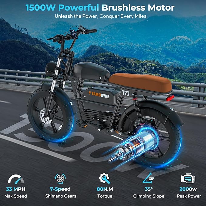 T73 Series Electric Bike for Adults,1000W/1500W/3000W Motor,30/33/37.5MPH 34-120 Miles,48V15.6/41.6 AH Electric Bikes,20 * 4 Fat Tire Ebike Hydraulic Brake Full Suspension Off-Road Riding