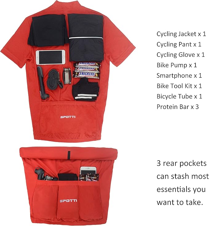 Spotti Men's Cycling Bike Jersey Short Sleeve with 3 Rear Pockets- Moisture Wicking, Breathable, Quick Dry Biking Shirt