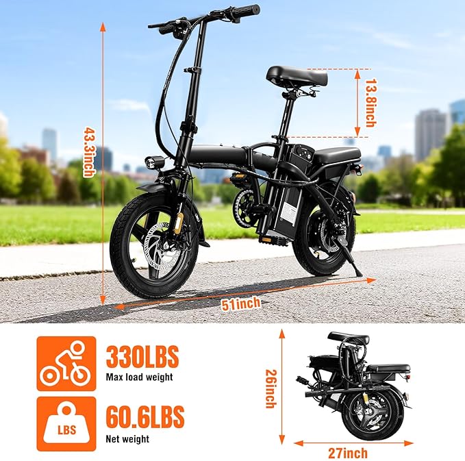 Foldable Electric Bike for Adults & Teens, 560W Brushless Motor 24MPH Ebikes, 32 Mile Range 48V 10Ah Battery, 3-Level Pedal Assist, 14" Tires Mini Folding Electric Bicycle, UL 2849 Certified