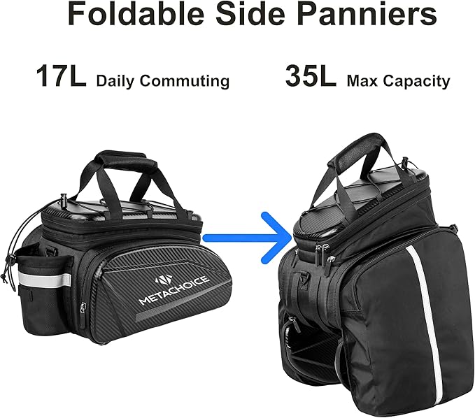 Bike Trunk Bag 17L-35L Expandable, Hard Shell Bike Pannier Bag with Fold-out Pockets, Rear Rack Commuter Bag for 14 Inch Laptop & Groceries, Includes Rain Cover