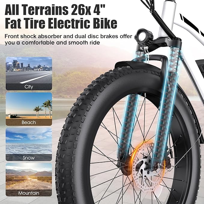 Electric Bike for Adults, 1000W Peak 25MPH 60Miles Ebike,48V 13AH Battery Electric Mountain Bike, 26" x 4'' Fat Tire Electric Bicycle with Rear Rack, Fenders, 7 Speed, UL 2849 Certified