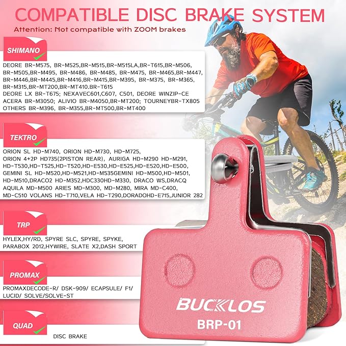 BUCKLOS Bike Disc Brake Pads for TRP Tektro Shimano MT200 Deore Br-M575 M525 M515 T615 T675 M505 M495 M486 M485 Ridstar Q20,Bicycle Disk Brakes Pads for Mountain Bike/Electric Bike/Road/Scooter/Ebike