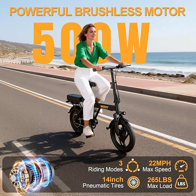 WERHY Electric Bike for Adults, 500W Motor, 22 MPH Max Speed Folding Ebike, 14" Electric Bicycles, Max 30/40 Miles Range (Pedal Assist Mode), Mini E Bikes