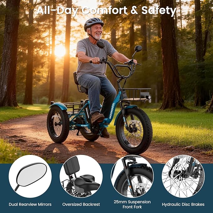 MOONCOOL 1000W 4" Fat Tire Electric Tricycle for Adults, 48V 14.5Ah All-Terrain Aluminum 20" E-Trike, Front Suspension, 7-Speed, 400lbs Max Payload
