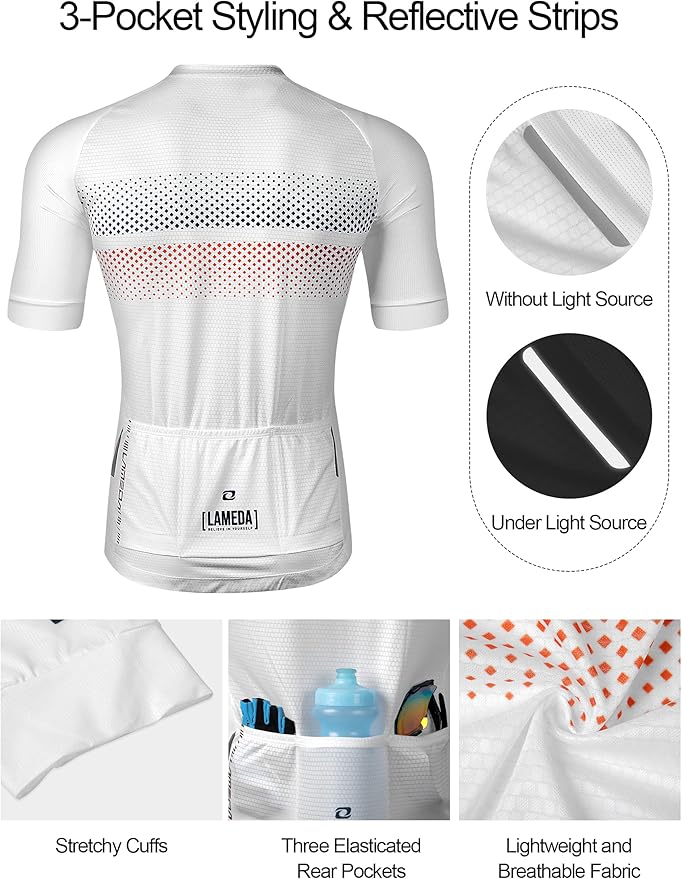 LAMEDA Men's Cycling Jersey Breathable Lightweight Short Sleeve Elastic Pro Road Bike Shirt Full Zip