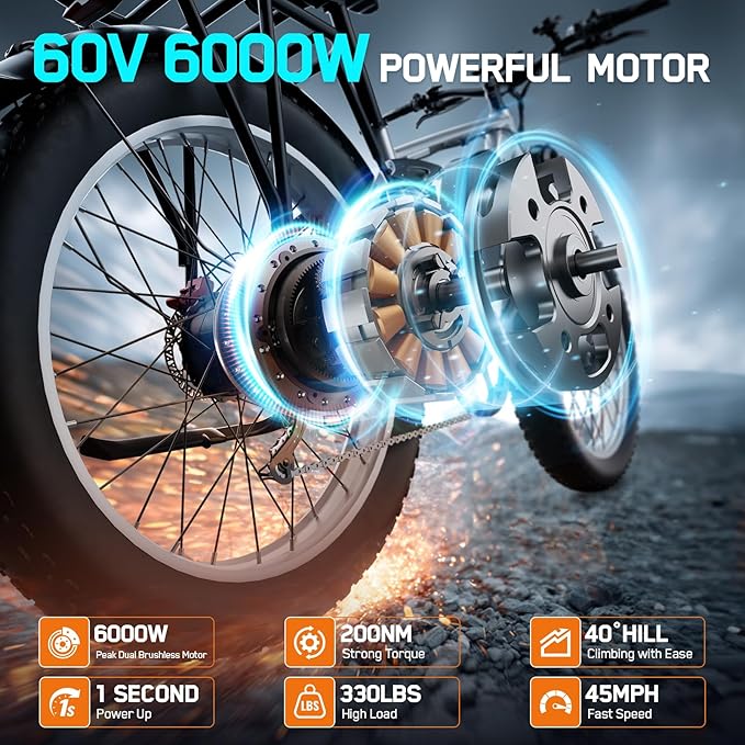 6000W Electric Bike for Adults, 45MPH Dual Motor Ebike, 60V 1200WH E Bike, 100 Miles Bicycle, Full Suspension, Dual Hydraulic Disc Brake Ebike, Charge Voltage 67.2V, Brake/Turn Signal