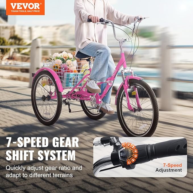 VEVOR Folding Adult Tricycle,Adult Folding Trikes, 3 Wheel Cruiser Bike with Large Basket & Adjustable Seat, Shopping Picnic Foldable Tricycles for Women, Men, Seniors