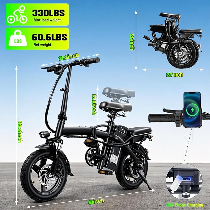 Electric Bike for Adults Teens, Commuter City Folding ebike with 560W Motor and 48V Battery, 24MPH 3-Level Pedals Assist, Dual Disc Brakes,14" Compact Foldable Electric Bicycle with Lock