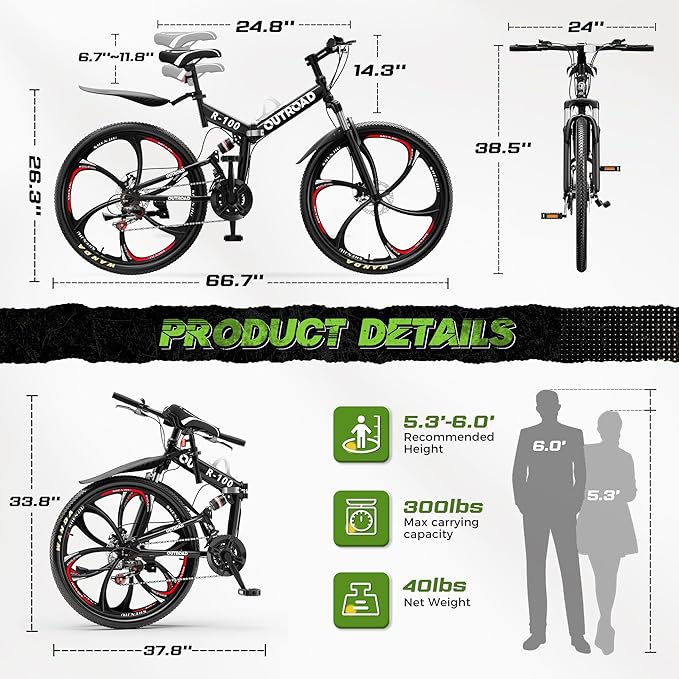 26 Inch Adult Folding Mountain Bike, 21 Speed Foldable Bicycle with Full Suspension, High Carbon Steel Frame, Folding Bikes for Men/Women/Teen, Dual Disc Brake