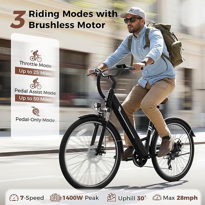 Jasion 26" Electric Bike for Adults, Internal Removable Battery Ebike with 3 Modes & 7-Speed, UL2849 Certified, 1200W Peak Motor, Max 28Mph & 50Miles, Shock Absorber, Electric City Commuter Bicycle