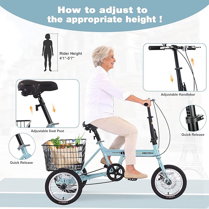 14 inch Folding Tricycle Dual Disc Brake Three Wheel Cruiser Bike Large Capacity for Adult